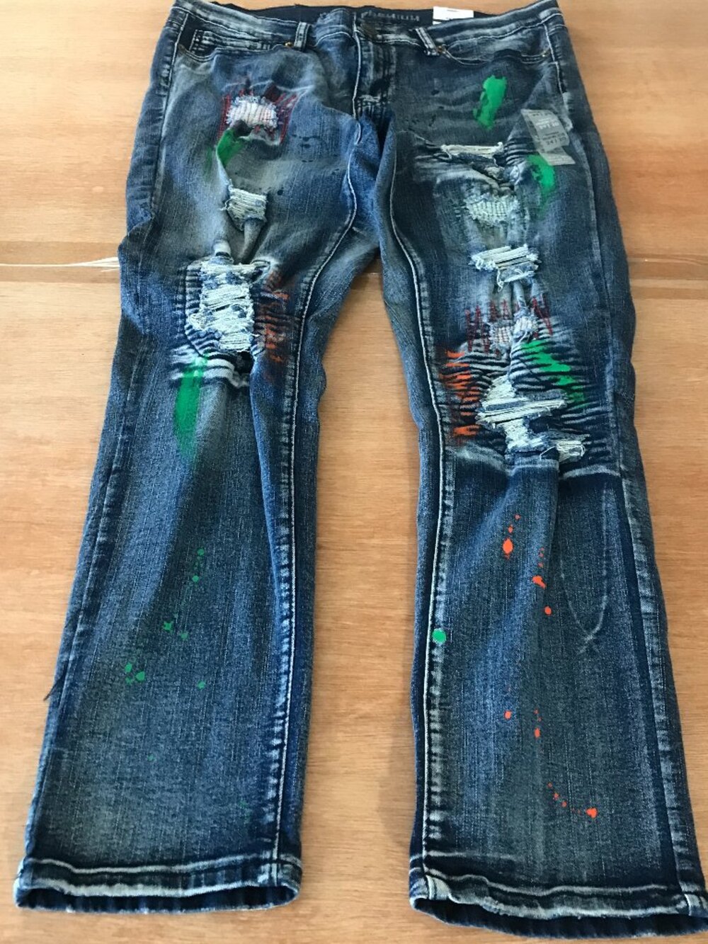 Rue 21 Supreme Flex Skinny Men 34x27 Blue Paint Splatter Low Rise Distressed